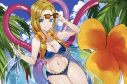 Rule 34 | 1girl, adjusting eyewear, arm up, bad id, bad pixiv id, bare arms, bare shoulders, bikini, blonde hair, blue bikini, blue eyes, blue sky, bracelet, breasts, cleavage, closed mouth, cloud, collarbone, commentary, cowboy shot, crazy straw, cup, drinking straw, flower, gradient hair, groin, hair flower, hair ornament, hand up, heart straw, highres, in container, in cup, jewelry, large breasts, long hair, looking at viewer, multicolored hair, navel, orange flower, orange hair, original, palm leaf, r (ryo), sitting, sky, smile, solo, stomach, sunglasses, swimsuit, water, wet