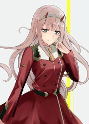 Rule 34 | 10s, blush, brown necktie, darling in the franxx, dress, grey background, long hair, necktie, pink eyes, pink hair, smile, solo, standing, very long hair, zero two (darling in the franxx)