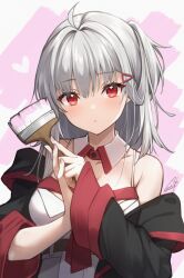 Rule 34 | 1girl, ahoge, bare shoulders, black jacket, blush, breasts, detached collar, expressionless, fingernails, grey hair, hair between eyes, highres, holding, holding paintbrush, indie virtual youtuber, jacket, long sleeves, looking at viewer, medium breasts, off shoulder, open clothes, open jacket, own hands together, paintbrush, pink nails, red eyes, signature, sleeves past wrists, solo, spaghetti strap, triangle hair ornament, upper body, virtual youtuber, yaki mayu, yaki mayuru