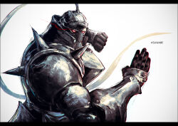 Rule 34 | 1boy, alphonse elric, armor, artist name, clenched hand, commentary request, eye trail, fighting stance, full armor, fullmetal alchemist, glowing, glowing eyes, hands up, k-suwabe, letterboxed, light trail, looking at viewer, male focus, red eyes, shoulder spikes, solo, spikes, twisted torso, upper body