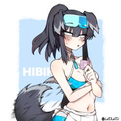 Rule 34 | 1girl, absurdres, animal ears, bare arms, bare shoulders, black hair, blue archive, blue eyes, blush, breasts, character name, cheerleader, collarbone, condom, condom wrapper, crop top, dog ears, dog girl, dog tail, halo, hibiki (blue archive), hibiki (cheer squad) (blue archive), highres, holding, holding condom, kind (latd), long hair, looking at viewer, midriff, millennium cheerleader outfit (blue archive), multicolored hair, navel, pom pom (cheerleading), ponytail, solo, sweatdrop, tail, tail wagging, twitter username, upper body