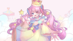 Rule 34 | 1girl, :d, blue bow, blue eyes, bow, carousel, cloud, crown, dress, earrings, eruko hoshimine, facial mark, frilled dress, frills, hair bow, heterochromia, highres, jewelry, long hair, long sleeves, looking at viewer, open mouth, original, pink bow, pink hair, red eyes, smile, solo, star (symbol), star earrings, twintails, wand, wide sleeves, yume kawaii
