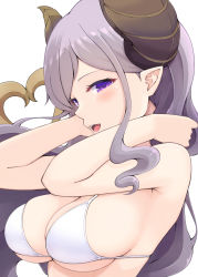Rule 34 | 1girl, nanashi inc., :d, absurdres, armpit crease, arms up, bare arms, bare shoulders, bikini, blush, breasts, cleavage, grey hair, highres, honey strap, horns, large breasts, long hair, open mouth, pointy ears, purple eyes, simple background, smile, solo, sougetsu eli, swimsuit, temari rin, upper body, very long hair, virtual youtuber, white background, white bikini