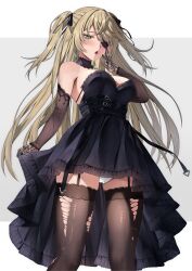 Rule 34 | 1girl, absurdres, bare shoulders, black dress, black gloves, black ribbon, black thighhighs, blonde hair, blush, breasts, dress, elbow gloves, eyepatch, fischl (genshin impact), garter straps, genshin impact, gloves, green eyes, hair over one eye, hair ribbon, highres, large breasts, long hair, looking at viewer, open mouth, panties, ribbon, simple background, solo, standing, thighhighs, torn clothes, torn thighhighs, two side up, underwear, vitaminechan