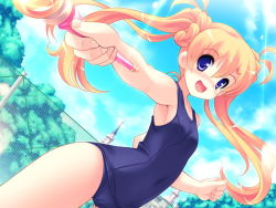 Rule 34 | 1girl, :d, blonde hair, blue eyes, blush, chime milhawks, dutch angle, game cg, long hair, one-piece swimsuit, open mouth, primary ~magical trouble scramble~, school swimsuit, smile, solo, swimsuit, tsurugi hagane, twintails, wand