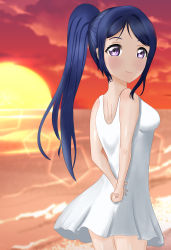 Rule 34 | 1girl, absurdres, arms behind back, artist name, artist request, bare shoulders, beach, blue hair, blush, breasts, cloud, day, dress, female focus, from behind, hair between eyes, hand on arm, highres, long hair, looking at viewer, looking back, love live!, love live! sunshine!!, matsuura kanan, medium breasts, miko (pixiv9135384), ocean, orange sky, outdoors, parted lips, ponytail, purple eyes, sideboob, skirt, sky, smile, solo, sundress, sunset, white dress, white skirt