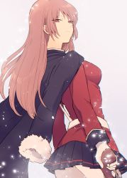 Rule 34 | 1girl, bad id, bad twitter id, fate/grand order, fate (series), florence nightingale (fate), florence nightingale (third ascension) (fate), from behind, from side, fur trim, gloves, gun, holding, holding gun, holding weapon, jacket, jacket on shoulders, long hair, looking back, pink eyes, pink hair, rikko (riccovich), skirt, solo, weapon, white background, white gloves