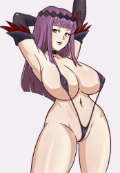 Rule 34 | 1girl, areola slip, armpits, black one-piece swimsuit, blush, breasts, cleavage, collarbone, highres, lady j, large breasts, long hair, looking at viewer, navel, one-piece swimsuit, open mouth, purple hair, simple background, slingshot swimsuit, smile, solo, swimsuit, valkyrie drive, valkyrie drive -mermaid-, white background, yellow eyes