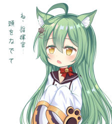 Rule 34 | 1girl, ahoge, akashi (azur lane), animal ears, azur lane, bell, black sailor collar, blush, bow, brown eyes, cat ears, collarbone, commentary request, dress, fang, green hair, hair between eyes, hair ornament, hands up, jingle bell, long hair, long sleeves, looking away, open mouth, red bow, sailor collar, sailor dress, satori (ymoy), sidelocks, simple background, sleeves past fingers, sleeves past wrists, solo, translation request, very long hair, white background, white dress, wide sleeves