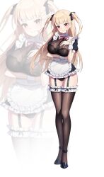 Rule 34 | 1girl, apron, bandaid, bandaid on face, black bra, black dress, black panties, blush, bra, breasts, dress, frilled apron, frills, full body, garter straps, hair ornament, hair ribbon, highleg, highres, korean commentary, large breasts, long hair, looking at viewer, maid, maid apron, maid headdress, original, panties, red eyes, revealing clothes, ribbon, see-through, simple background, skirt, smile, solo, thighhighs, twintails, ugwa, underwear, waist apron, white apron, wrist cuffs