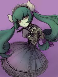 Rule 34 | 1girl, black gloves, bow, choker, colored skin, dress, elbow gloves, eyelashes, frilled skirt, frills, gloves, gothic lolita, green hair, green skin, hair bow, hands on own chest, horns, juliet sleeves, lace, lace gloves, leaning back, lolita fashion, long hair, long sleeves, looking at viewer, maid headdress, nail polish, original, puffy sleeves, purple background, simple background, sketch, skirt, slit pupils, solo, tareme, twintails, very long hair, yellow eyes, yuki touko
