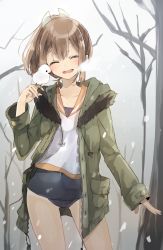 Rule 34 | 10s, 1girl, ^ ^, animal, bird, blush, breath, brown hair, chibirisu, closed eyes, coat, commentary request, covered navel, day, closed eyes, hair ribbon, highres, i-401 (kancolle), kantai collection, legs apart, open clothes, outdoors, ponytail, ribbon, school swimsuit, school uniform, serafuku, smile, snowing, solo, standing, swimsuit, swimsuit under clothes, tree, winter