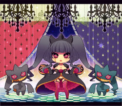 Rule 34 | 1girl, alternate color, banette, black panties, breasts, chandelier, checkered background, chibi, choker, cleavage, creature and personification, creatures (company), curtains, d (pixiv544157), dot nose, dress, eyelashes, flower, game freak, garter straps, gen 3 pokemon, grey dress, grey hair, grin, large breasts, mega banette, mega pokemon, nail polish, nintendo, panties, parted lips, personification, pink eyes, pink thighhighs, pokemon, puffy short sleeves, puffy sleeves, rose, scar, scar on breasts, shiny and normal, shiny pokemon, short sleeves, slit pupils, smile, symmetry, thighhighs, underwear, zipper, zipper pull tab