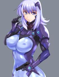 Rule 34 | 1girl, bad proportions, blue eyes, blue hair, bodysuit, breasts, covered erect nipples, covered navel, cryska barchenowa, cureecoolan, gun, handgun, headgear, holding, holding gun, holding weapon, large breasts, looking at viewer, muv-luv, muv-luv alternative, muv-luv total eclipse, parted lips, pilot suit, pistol, skin tight, solo, upper body, weapon