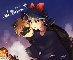 Rule 34 | 1boy, 1girl, adrien agreste, animal ears, black bodysuit, black dress, blonde hair, blue eyes, blue hair, bodysuit, bow, cat boy, cat ears, chat noir, closed mouth, cosplay, domino mask, dress, hair bow, hair ornament, halloween, happy halloween, jack-o&#039;-lantern, kiki (majo no takkyuubin), kiki (majo no takkyuubin) (cosplay), long sleeves, marinette dupain-cheng, mask, miraculous ladybug, open mouth, ponytail, red bow, smile, tomm0515