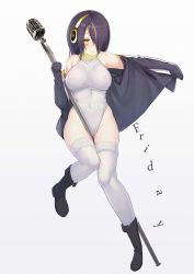 Rule 34 | 10s, 1girl, bad id, bad pixiv id, bare shoulders, black hair, blush, boots, breasts, covered navel, ellenprince181, emperor penguin (kemono friends), full body, hair over one eye, headphones, highleg, highleg leotard, highres, hood, hoodie, jacket, kemono friends, large breasts, leotard, looking at viewer, microphone, microphone stand, multicolored hair, open clothes, simple background, solo, thighhighs, white background, white leotard, white thighhighs