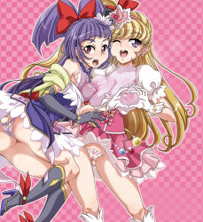 Rule 34 | 2girls, :o, asahina mirai, ass, ass cutout, black footwear, black gloves, black hat, blonde hair, boots, bow, bracelet, breasts, capelet, checkered background, clothing cutout, cowboy shot, cure magical, cure miracle, gloves, gluteal fold, hair bow, hat, heart, heart hands, highres, izayoi liko, jewelry, knee boots, large breasts, long hair, looking at viewer, magical girl, mahou girls precure!, micro panties, mini hat, mini witch hat, multiple girls, nipples, nori (akusei shinseibutsu), panties, pink background, pink hat, pink skirt, precure, puffy sleeves, purple eyes, purple hair, purple panties, purple skirt, red bow, riko (mahou girls precure!), see-through, sideboob, skirt, smile, underwear, white gloves, white panties, witch hat
