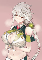 Rule 34 | 1girl, absurdly long hair, absurdres, asymmetrical hair, bare shoulders, blush, braid, breasts, center opening, cleavage cutout, clothing cutout, cloud print, commentary request, cowboy shot, crop top, detached sleeves, hair between eyes, head tilt, highres, hip vent, kantai collection, large breasts, long braid, long hair, looking at viewer, midriff, navel, negi seijin, pleated skirt, red background, short sleeves, silver hair, simple background, single braid, skirt, smile, solo, steam, steaming body, suggestive fluid, sweat, unbuttoning, unryuu (kancolle), very long hair, yellow eyes