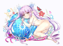 Rule 34 | 1girl, absurdres, animal, arm up, ass, bare arms, bare legs, bare shoulders, barefoot, bikini, blue flower, blue ribbon, blush, brown eyes, bug, butterfly, closed mouth, flower, hair ribbon, highres, insect, kyoka (princess connect!), long hair, micro bikini, pointy ears, princess connect!, purple flower, purple hair, red flower, ribbon, ringlets, rinringyo, see-through, sidelocks, solo, swimsuit, twintails, very long hair, wavy mouth, white bikini