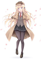 Rule 34 | 1girl, black footwear, black pantyhose, black vest, blonde hair, blush, brown coat, brown hat, cabbie hat, candy, cherry blossoms, chief (sakura no kumo), coat, collared shirt, falling petals, food, full body, hat, highres, holding, holding candy, holding food, holding lollipop, korie riko, lollipop, long hair, long sleeves, looking at viewer, necktie, open clothes, open coat, open mouth, pantyhose, petals, plaid, plaid coat, plaid headwear, purple eyes, red necktie, sakura no kumo scarlet no koi, shirt, sidelocks, simple background, smile, solo, vest, white background, white shirt