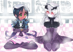 Rule 34 | 10s, 2girls, abyssal ship, anchorage oni, bath, bathing, black hair, colored skin, crossed arms, glowing, glowing eyes, green eyes, hair ribbon, indian style, itsumo nokoru, kantai collection, crossed legs, long hair, multiple girls, open mouth, pale skin, partially submerged, personification, red eyes, red skin, ribbon, seiza, sitting, suzukaze (kancolle), sweat, thighhighs, towel, towel on head, translation request, wavy mouth, white hair