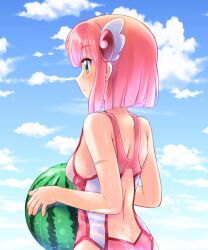 Rule 34 | 1girl, ass, back, back cutout, ball, beachball, blue sky, blunt bangs, blunt ends, blush, bob cut, breasts, butt crack, caustics, chiyoda momo, closed mouth, clothing cutout, cloud, commentary request, competition swimsuit, day, expressionless, food print, frown, galleon-joe, green eyes, hair ornament, highres, holding, holding ball, holding beachball, looking ahead, machikado mazoku, median furrow, one-piece swimsuit, outdoors, pink hair, pink one-piece swimsuit, profile, reflection, reflective water, scar, scar on arm, short hair, sideboob, sky, small breasts, solo, standing, straight hair, swimsuit, upper body, variant set, watermelon beachball, watermelon print, wet