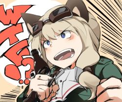 Rule 34 | 1girl, animal ears, blonde hair, blue eyes, blush, bottle, breaking, carla j. luksic, cat ears, emphasis lines, fangs, futenesira, goggles, goggles on head, holding, long hair, military, military uniform, noble witches, shiraba (sonomama futene), solo, strike witches, twintails, uniform, world witches series