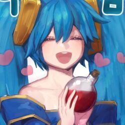 Rule 34 | 1girl, :d, bare shoulders, blue hair, bottle, collarbone, dress, facing viewer, hair between eyes, hair ornament, happy, heart, holding, holding bottle, league of legends, lowres, off-shoulder dress, off shoulder, open mouth, potion, sangchyuya, shiny skin, smile, solo, sona (league of legends), teeth, twintails, upper teeth only