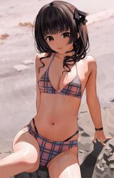 Rule 34 | 1girl, :d, arm support, bare arms, bare shoulders, beads, bikini, black choker, black hair, black ribbon, black wristband, blunt bangs, breasts, brown eyes, choker, cleavage, collarbone, dot nose, gin00, hair over shoulder, hair ribbon, halterneck, highres, idolmaster, idolmaster shiny colors, long hair, mayuzumi fuyuko, medium breasts, multi-strapped bikini, navel, open mouth, outdoors, ribbon, shadow, sidelocks, sitting, skindentation, smile, solo, stomach, swimsuit, two side up, wet, wet hair, wristband