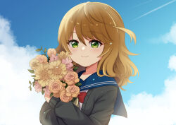 Rule 34 | 1girl, alternate costume, amicia michella, black cardigan, blue sailor collar, blue sky, blush, bouquet, bow, brown hair, cardigan, closed mouth, cloud, crossed arms, day, flower, green eyes, highres, holding, holding bouquet, kyuzuki89, looking at viewer, nijisanji, nijisanji id, orange flower, parted bangs, red bow, sailor collar, sky, smile, solo, upper body, virtual youtuber