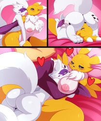 Rule 34 | 2girls, 69, absurdres, alopex, animal ears, ass, ass grab, bed, black sclera, blue eyes, blush, grabbing another&#039;s breast, breast sucking, breasts, colored sclera, digimon, digimon (creature), eric lowery, eye contact, fingering, fox ears, fox tail, french kiss, fur trim, furry, grabbing, heart, highres, hug, huge ass, huge breasts, kiss, looking at another, lying, multiple girls, nipples, nude, on back, pillow, reach-around, renamon, sitting, sitting on face, sitting on person, smile, tail, teenage mutant ninja turtles, thick thighs, thighs, tongue, tongue out, wide hips, yellow eyes, yuri