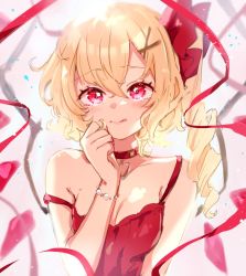 Rule 34 | 1girl, :q, alternate costume, blonde hair, blush, bow, breasts, choker, cleavage, dress, drill hair, flandre scarlet, hair between eyes, hair bow, hair ornament, hair ribbon, hairpin, hand on own cheek, hand on own chin, hand on own face, hand up, heart, highres, licking lips, light particles, looking at viewer, medium hair, one side up, paragasu (parags112), parted bangs, red bow, red choker, red dress, red eyes, red ribbon, ribbon, side drill, sidelocks, single drill, sleeveless, sleeveless dress, solo, strap slip, tongue, tongue out, touhou, upper body, wings