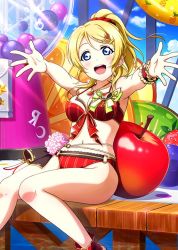 Rule 34 | 1girl, apple hair ornament, apple necklace, artist request, ayase eli, bare legs, bare shoulders, bikini, bikini skirt, blonde hair, blue eyes, blush, breasts, cleavage, collarbone, female focus, food-themed hair ornament, green ribbon, hair between eyes, hair ornament, hair scrunchie, hug, jewelry, long hair, looking at viewer, love live!, love live! school idol festival, love live! school idol project, medium breasts, necklace, parted lips, ponytail, red bikini, red scrunchie, ribbon, scrunchie, solo, striped bikini, striped clothes, swimsuit, vertical-striped bikini, vertical-striped bikini bottom, vertical-striped clothes, wrist cuffs