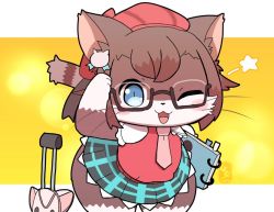 Rule 34 | 1girl, blue eyes, brown hair, cat, cat busters, furry, furry female, glasses, hinako iroiro, one eye closed, open mouth, short hair, solo