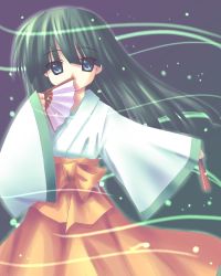 Rule 34 | 1girl, black hair, blue eyes, covering face, covering own mouth, covering privates, dual wielding, folded fan, folding fan, hakama, hakama skirt, hand fan, holding, japanese clothes, long hair, miko, skirt, solo, sparkle, wind