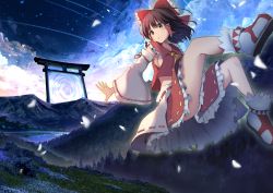 Rule 34 | absurdres, blue sky, bow, brown eyes, brown hair, cherry blossoms, detached sleeves, forest, frilled bow, frilled skirt, frills, hair bow, hair tubes, hakurei reimu, highres, hill, huge filesize, japanese clothes, lake, landscape, mamemochi, medium hair, miko, mountain, nature, night, nontraditional miko, outdoors, portal (object), red shirt, red skirt, ribbon-trimmed sleeves, ribbon trim, scenery, shirt, skirt, sky, star (sky), torii, touhou, tree, water, wide sleeves