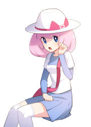 Rule 34 | 1girl, blue eyes, commentary request, creatures (company), game freak, hand up, hat, knees together feet apart, legs together, long hair, looking at viewer, mole, mole under eye, momoji (lobolobo2010), nintendo, open mouth, over-kneehighs, pink hair, pleated skirt, pokemon, pokemon bw2, shirt, short sleeves, sitting, skirt, solo, thighhighs, tongue, white hat, white thighhighs, yancy (pokemon)
