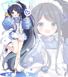 Rule 34 | &lt;key&gt; (robot) (blue archive), 1girl, absurdly long hair, alternate costume, apron, aqua halo, aris (blue archive), bandaid, bandaid on leg, bare legs, black hair, blue archive, blue eyes, commentary, foot up, frilled apron, frills, halo, holding, jacket, jersey maid, long hair, long sleeves, looking at viewer, maid, maid apron, maid headdress, open mouth, rectangular halo, shoes, side ponytail, simple background, sleeves past fingers, sleeves past wrists, sneakers, standing, standing on one leg, subin (subin 2011), teeth, track jacket, unconventional maid, upper teeth only, very long hair, white apron, white background, white footwear, zoom layer