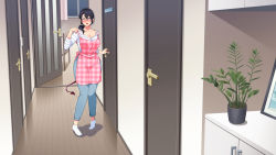 Rule 34 | 1girl, adjusting clothes, aftersex, apron, blush, breasts, chair, cleavage, demon girl, demon tail, denim, door, embarrassed, engawa suguru, feet, female focus, floor, full body, glasses, highres, indoors, jeans, knees together feet apart, large breasts, legs, long hair, looking at viewer, low ponytail, mature female, motion lines, no shoes, nose blush, open mouth, original, pants, pink eyes, plant, ponytail, purple hair, shadow, shirt, solo, standing, striped clothes, striped shirt, succubus yondara haha ga kita!?, tail, thighs, trembling, wooden floor