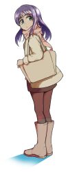 Rule 34 | 1girl, bag, black pantyhose, boots, chilled cola, closed mouth, flcl, full body, green eyes, highres, long hair, looking at viewer, ninamori eri, pantyhose, purple hair, scarf, shoulder bag, simple background, skirt, solo, white background