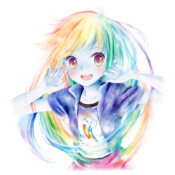 Rule 34 | 1girl, :d, blue skin, casual, colored skin, iceberg horn, long hair, multicolored eyes, multicolored hair, my little pony, my little pony: equestria girls, my little pony: friendship is magic, open mouth, personification, rainbow, rainbow dash, rainbow eyes, rainbow hair, shirt, smile, solo, t-shirt, white background