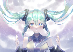 Rule 34 | 1girl, absurdres, aqua eyes, aqua hair, clip studio paint (medium), detached sleeves, ellen drawing, floating neckwear, grey background, hatsune miku, highres, long hair, looking at viewer, open mouth, signature, solo, star (sky), twintails, upper body, vocaloid