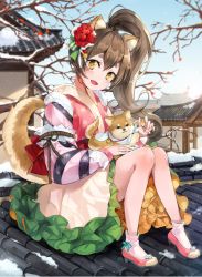 Rule 34 | 1girl, :d, animal, animal ears, animal on lap, blue sky, blush, bosack, brown eyes, brown hair, day, dog, dog ears, dog girl, dog tail, fang, flower, full body, hair between eyes, hair flower, hair ornament, hanbok, head tilt, high heels, high ponytail, korean clothes, long hair, long sleeves, looking at viewer, on lap, on roof, open mouth, original, outdoors, pink footwear, ponytail, red flower, rooftop, sitting, sky, smile, snow, socks, solo, sunlight, tail, thick eyebrows, very long hair, white socks