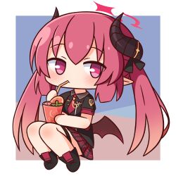 Rule 34 | 1girl, bendy straw, black footwear, black shirt, black wings, blue archive, blush, chibi, collared shirt, commentary request, cup, demon girl, demon horns, demon wings, drinking straw, full body, gradient hair, hair between eyes, halo, hana kazari, highres, holding, holding cup, horns, junko (blue archive), long hair, looking at viewer, low wings, multicolored hair, necktie, pleated skirt, pointy ears, puffy short sleeves, puffy sleeves, purple eyes, red hair, red necktie, red skirt, shirt, shoes, short sleeves, skirt, solo, twintails, very long hair, wings