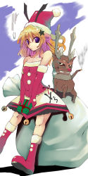 Rule 34 | 1girl, bare shoulders, bell, blonde hair, boots, box, christmas, cigarette, elbow gloves, gift, gift box, gloves, hair ornament, hat, holding, jingle bell, long hair, original, pom pom (clothes), purple eyes, red footwear, red gloves, reindeer, sack, santa boots, santa costume, santa hat, sitting, solo, star (symbol), star hair ornament, sts, sweatdrop