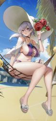 Rule 34 | 1girl, arm support, azur lane, bare shoulders, bikini, blue sky, blurry, blurry background, breasts, choker, cleavage, collarbone, commentary request, day, earrings, flower, hammock, hand up, hat, highres, jewelry, large breasts, lips, long hair, looking away, low ponytail, navel, outdoors, purple bikini, purple eyes, purple hair, reno (azur lane), reno (summer spin-off) (azur lane), sandals, simple background, sitting, sky, solo, stomach, sweatdrop, swimsuit, thighs, toes, tokiwa midori (kyokutou funamushi), watch, wristwatch