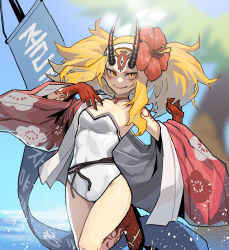 Rule 34 | 1girl, absurdres, arm tattoo, beach, blonde hair, blurry, blurry background, closed mouth, depth of field, eyeshadow, facial mark, fate/grand order, fate (series), flower, forehead mark, forehead tattoo, gogalking, hair flower, hair ornament, hands up, highres, horns, ibaraki douji (fate), ibaraki douji (swimsuit lancer) (second ascension) (fate), japanese clothes, kimono, long sleeves, looking at viewer, makeup, one-piece swimsuit, open clothes, open kimono, red flower, sandals, slit pupils, smile, solo, standing, standing on one leg, swimsuit, tattoo, twintails, white one-piece swimsuit, wide sleeves, yellow eyes