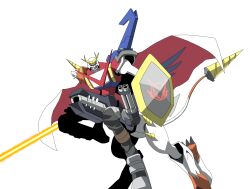 Rule 34 | 1other, digimon, digimon (creature), fusion, looking at viewer, original, other focus, shoutmon x4k, shoutmon x5b, simple background, solo, white background