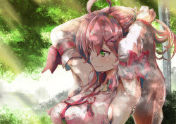Rule 34 | 1girl, ahoge, armpits, arms up, blush, breasts, detached sleeves, green eyes, highres, hololive, japanese clothes, long sleeves, looking to the side, miko, pink hair, portrait, sakura miko, sakura miko (1st costume), shadow, solo, sunlight, sweat, tree, virtual youtuber, yohane