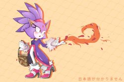 Rule 34 | :o, animal ears, basket, blaze the cat, cat, cat ears, cat tail, cloak, daepikartman, fire, full body, furry, furry female, gloves, hand up, high heels, highres, holding, holding basket, long sleeves, looking to the side, multicolored footwear, ponytail, purple cloak, purple fur, red footwear, shadow, shoes, simple background, sonic (series), tail, white footwear, white gloves, yellow eyes